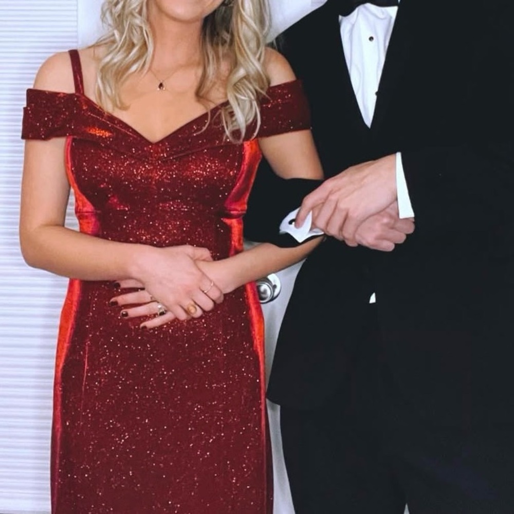R&M Richards Red Off-Shoulder Prom Gown